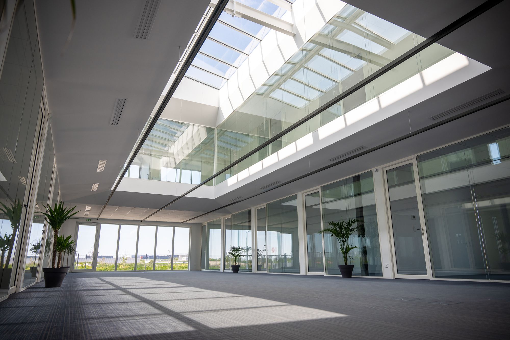 Grande verrière zénithale et plateau lumineux aménagé avec menuiseries aluminium, Frechin