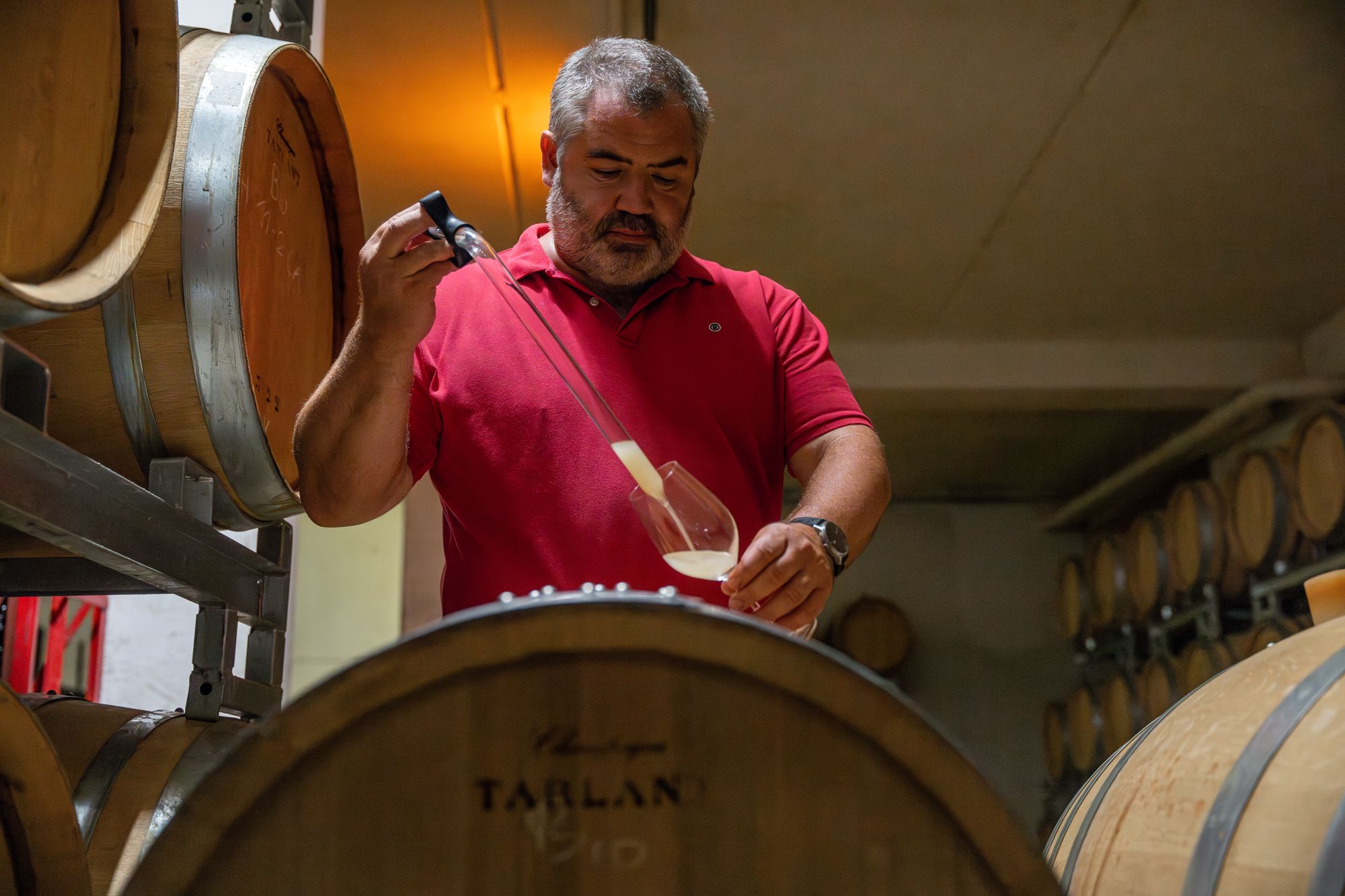 Vigneron de Champagne Tarlant goûtant un vin clair devant un fût
