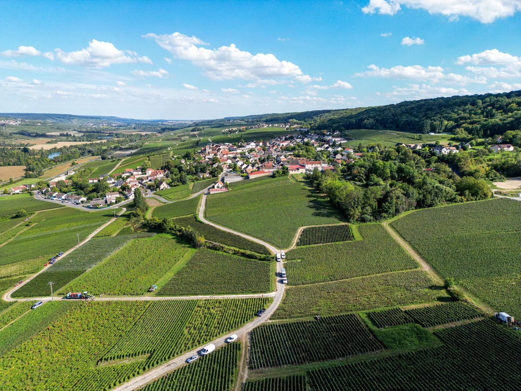 Vue aérienne du village et du vignoble de Champagne Tarlant dans la vallée de la Marne